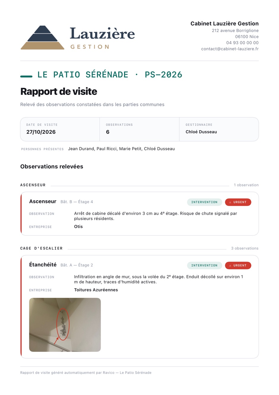 Première page du rapport généré par Ravico : en-tête du cabinet, synthèse de la visite, observations par zone, dont l’infiltration de la cage d’escalier avec sa photo annotée.